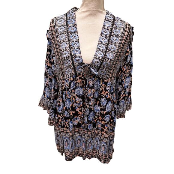 Rose & Thyme Sz M Floral Tunic W/ 3/4 lenght sleeve Boho Hippie Beach Cover - Picture 1 of 9